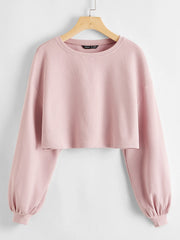 Balloon Sleeves Round Neck Rib Crop Sweatshirt