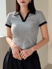 Contrast Collor V-Polo Top