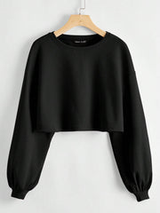 Balloon Sleeves Round Neck Rib Crop Sweatshirt