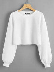 Balloon Sleeves Round Neck Rib Crop Sweatshirt