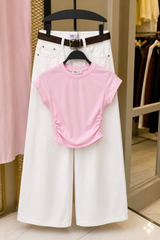 Baby-Pink Fitted Side Elastic Tee With White Baggy Jeans