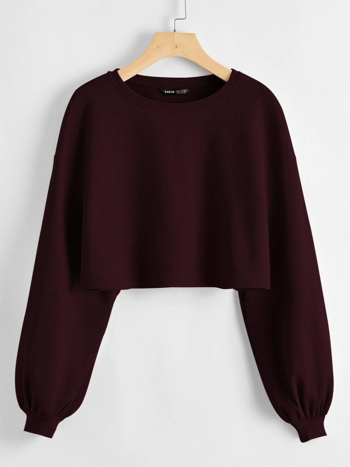 Balloon Sleeves Round Neck Rib Crop Sweatshirt